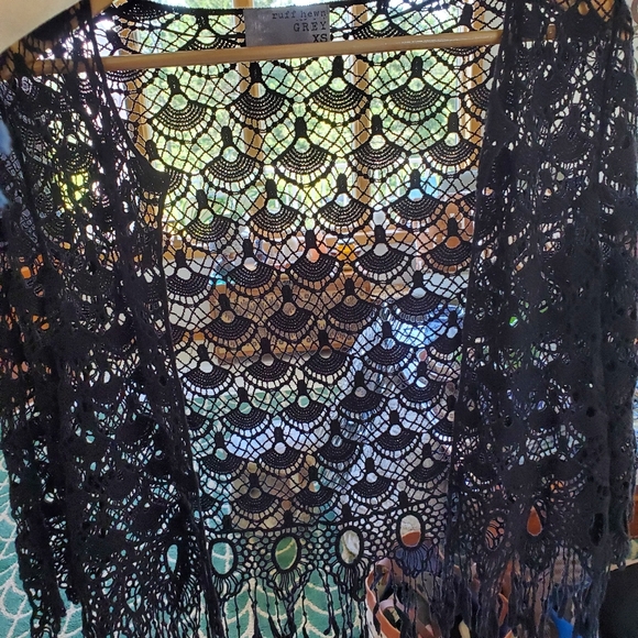 NWOT Sz XS Black Open Crochet Knit Open Style Cardigan Fringe 3/4 Sleeve BOHO - Picture 14 of 15